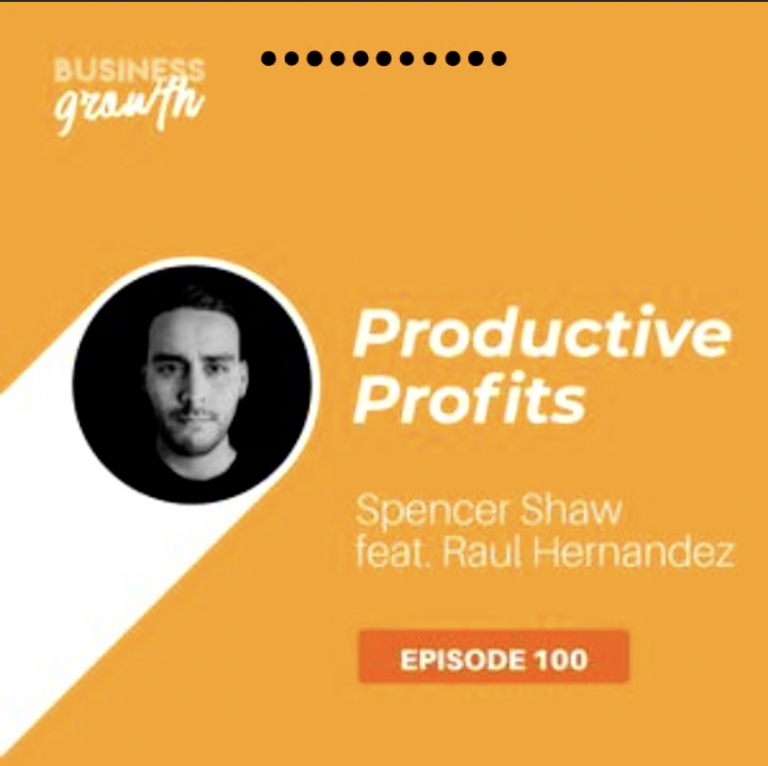 Podcast cover with a person's photo in a circle, "Productive Profits" text, and episode 100 featuring Spencer Shaw and Raul Hernandez. Orange background.