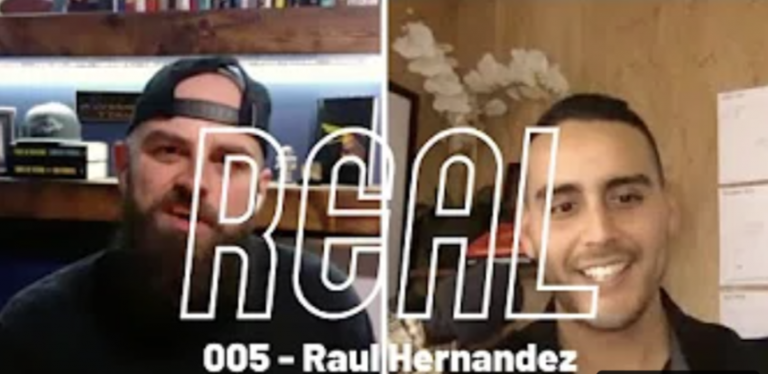 Two persons smiling during a video call, split screen format. Text overlay reads "REAL 005 - Raul Hernandez." Books and plants in background.