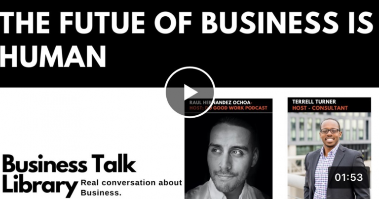 Podcast cover featuring two persons discussing business concepts. Includes text: "The Future of Business is Human" and "Business Talk Library."