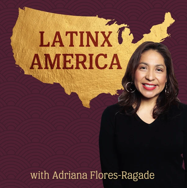 A person smiling in front of a golden U.S. map with "Latinx America" text, set against a patterned maroon background.