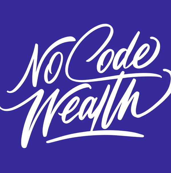 Stylized white text "No Code Wealth" on a solid purple background, showcasing an elegant, bold calligraphy design.