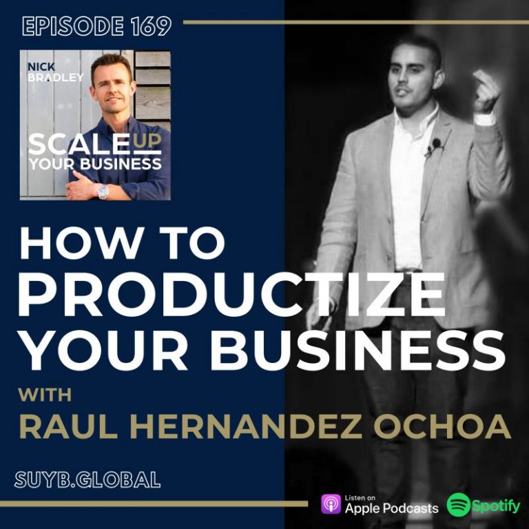 Podcast cover featuring two persons, one in color and one in black-and-white, promoting "How to Productize Your Business" episode 169.