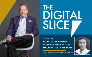 A person in a chair promotes "The Digital Slice" podcast episode on business transformation featuring Raul Hernandez Ochoa.