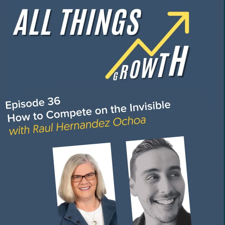Podcast cover for "All Things Growth," featuring episode 36 titled "How to Compete on the Invisible" with Raul Hernandez Ochoa. Two people pictured.