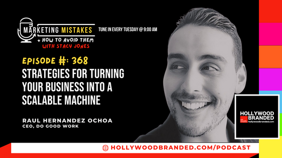 Podcast cover featuring Raul Hernandez Ochoa smiling with text promoting business growth strategies on "Marketing Mistakes" by Hollywood Branded.