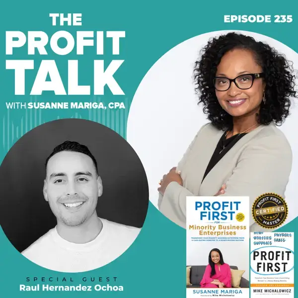 Two smiling people on a podcast cover for "The Profit Talk" episode with books displayed below them.