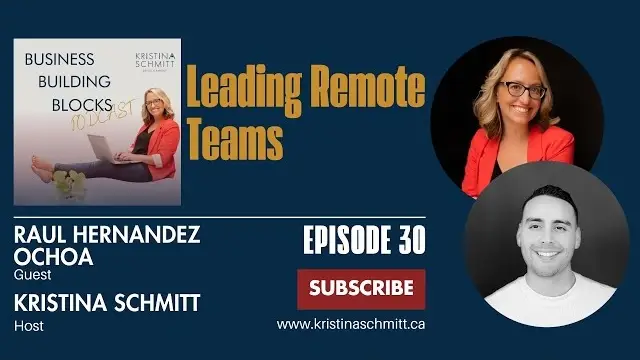 Podcast episode titled "Leading Remote Teams" with two people featured. Episode 30 promotes subscribing. Website link provided: www.kristinaschmitt.ca.