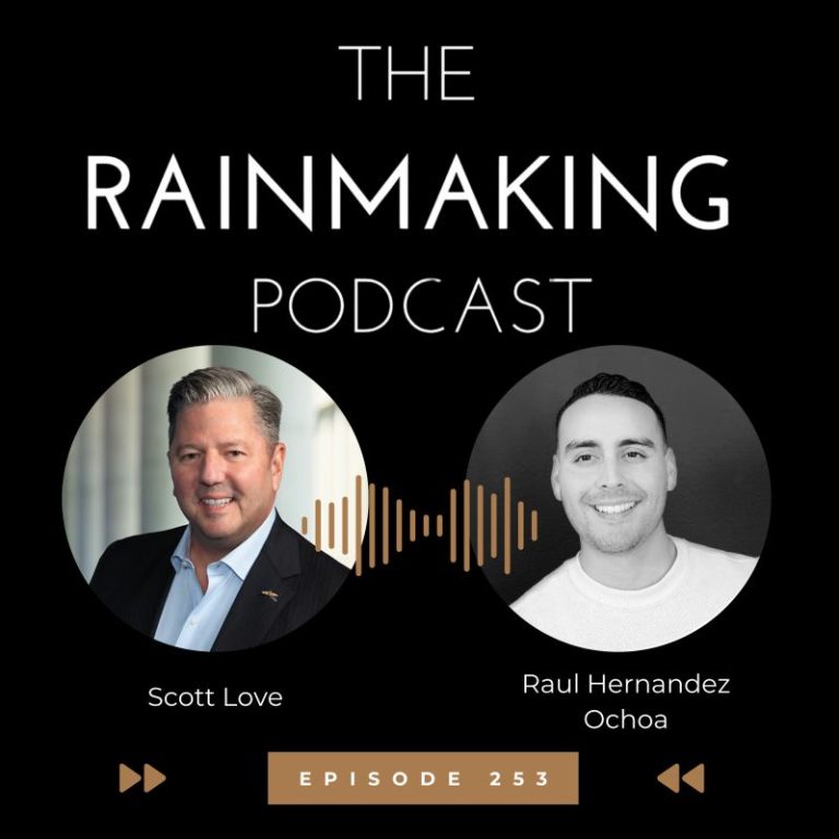 Podcast cover featuring two people’s portraits with text: "The Rainmaking Podcast, Episode 253." Audio waveform design included.