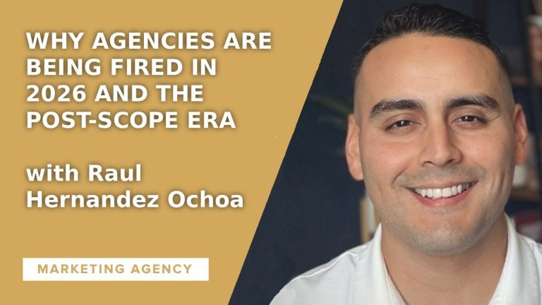 The image features a smiling person with text about marketing agencies being fired in 2026. No recognizable landmarks or historical buildings.